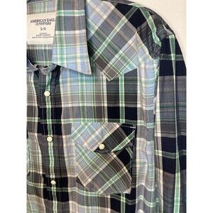 American Eagle Plaid Shirt L Western Pearl Snap Button Vintage Fit Metal Street